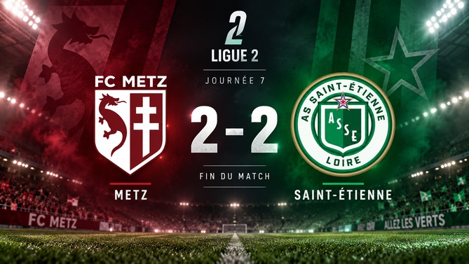 Metz et Saint-Étienne se quittent sur un match nul 2-2 lors de la 7e journée de Ligue 2