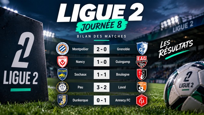 Bilan des cinq matches du 9 octobre lors de la 8e journée de Ligue 2