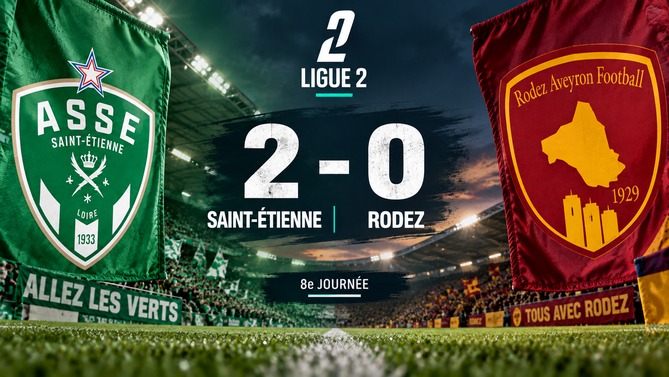 Saint-Étienne s’impose 2-0 face à Rodez lors de la 8e journée de Ligue 2